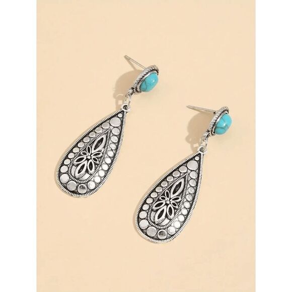 Western Water Drop Silver Turquoise Dangle Earrings - Picture 2 of 6